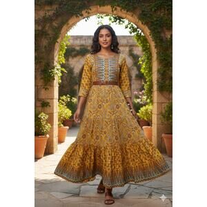 Boho Tiered Yellow Ethnic Block Print Maxi Dress Artsy Eclectic Festive - L/XL